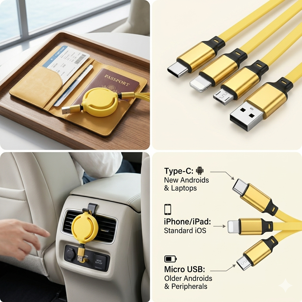 3-in-1 Retractable Multi Charging Cable – Lightning, Type-C & Micro USB Fast Charger
